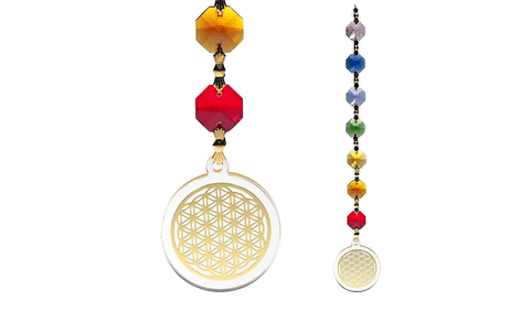 Čakru kristāli ar dzīvības ziedu zelta krāsā (Feng Shui)