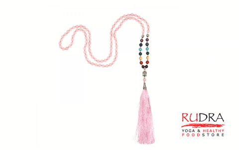 Rozā Kvarca mala ar 7 čakru bumbiņām